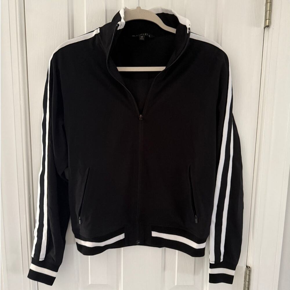 Athleta | Sprint track jacket coat featherweight stretch black white stripes XS